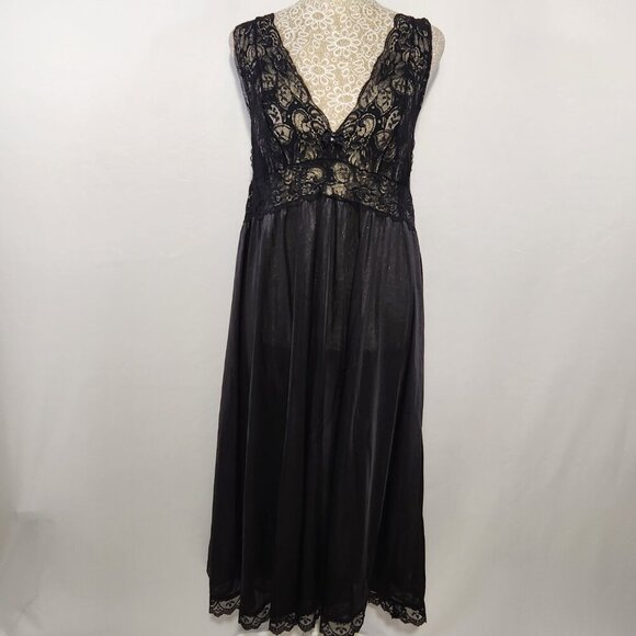 VTG Shadow Line Large Black Satin Nylon Lace Trim Slip Dress Nightwear Gothic - Picture 1 of 13